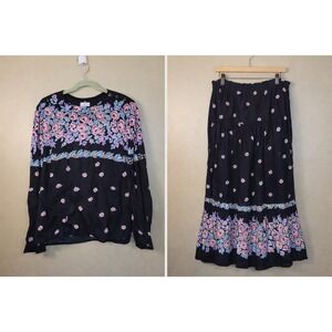 Vintage RUSS Floral Skirt Set Women Size 18 Black Pink Cottagecore 2 Piece...